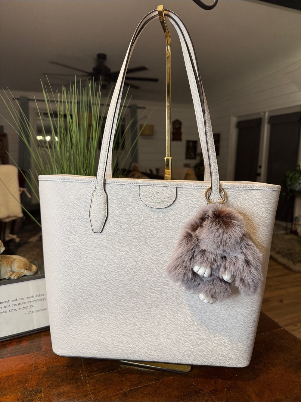 kate spade Cream Leather Tote with Fluffy Pom Charm
